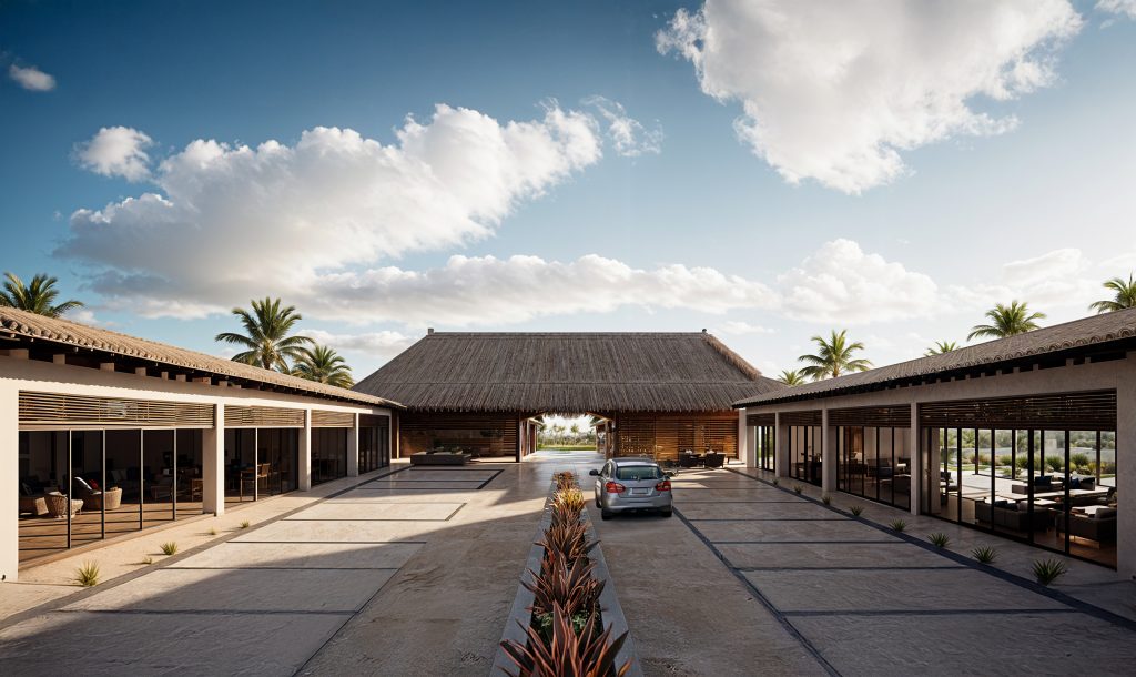 Vista de un área de juegos y entrenamiento para mascotas (dog park) dentro de un complejo residencial. El espacio está cercado con malla verde, cuenta con una superficie de césped, rampas de madera y obstáculos para perros. Se aprecian árboles frondosos, una banca de descanso, un bote de basura y un vehículo oscuro estacionado en el pavimento de adoquines adyacente. En la parte inferior se lee 'VITA RESIDENCIAL ÁREA DE MASCOTAS' con información de contacto.